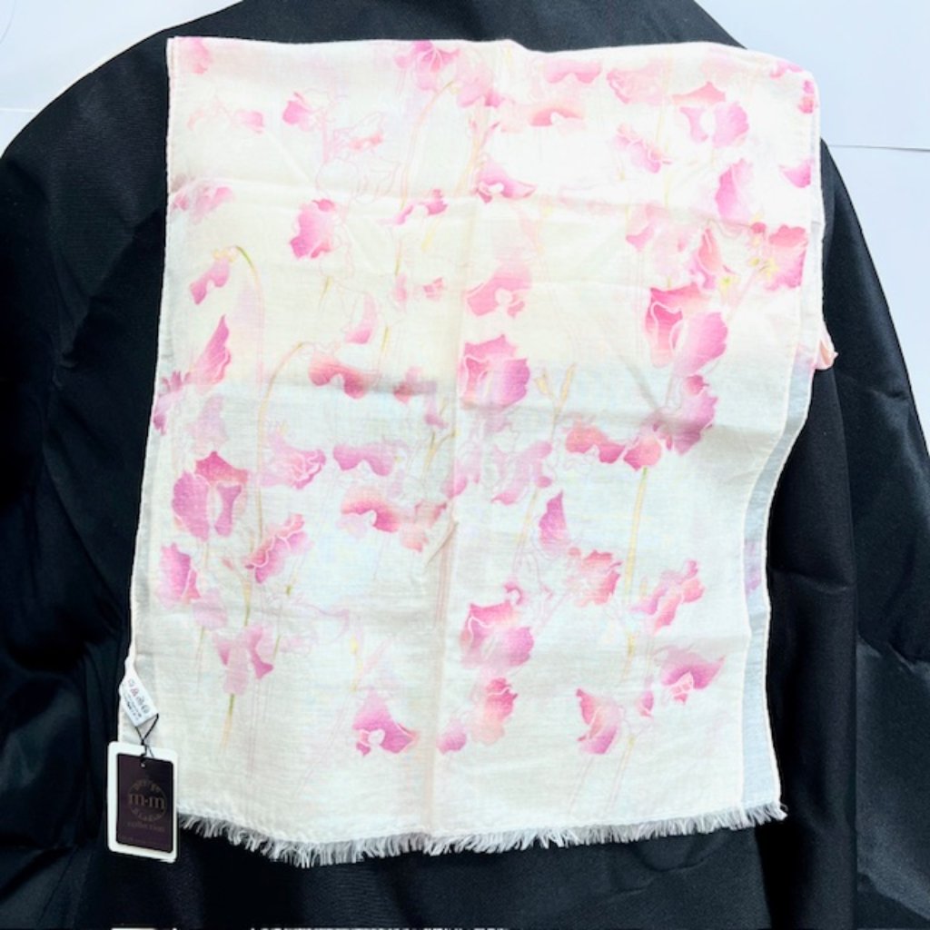 New Tag M.M Studio Cotton Satin , 62"X14" Peach Ligh Pink Floral Fringed (80)